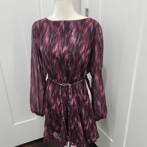 NWT KOKO + MASON Purple Pink Chiffon LS Party Mini Dress L